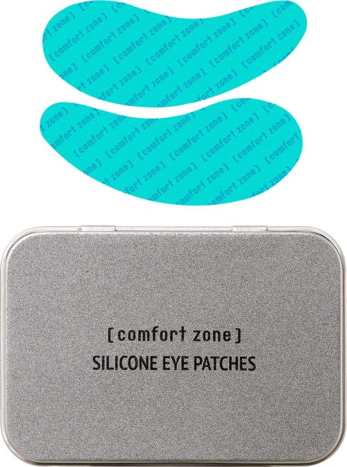 Zwei blaue Gel-augapatchs und eine graue Box mit der Beschriftung comfort zone Silikon-augapatchs.