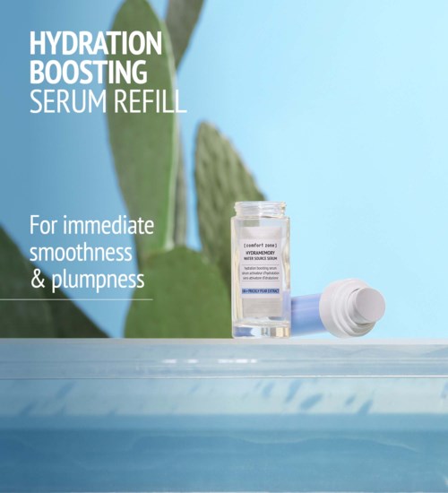 A skincare product labeled 'Hydration Boosting Serum Refill' with a small bottle and a dropper, on a blue surface.