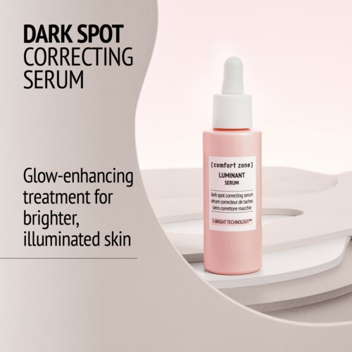 A pink bottle of dark spot correcting serum on a white surface, with text about skin treatment benefits.