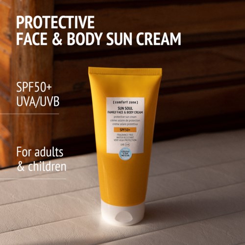 Yellow tube of sun cream with SPF50+ for face and body, suitable for adults and children.