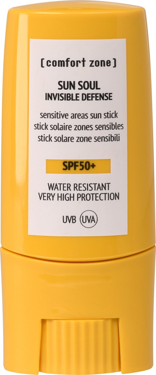 Keltainen aurinkosuojasauva, jossa SPF 50+ herkälle iholle, vettä hylkivä ja korkea suoja.