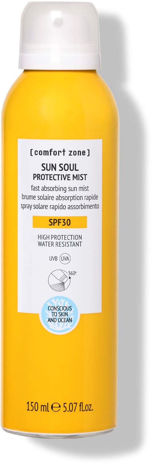 Keltainen suihkepullotettu tuote, merkintä SPF30, 150 ml.