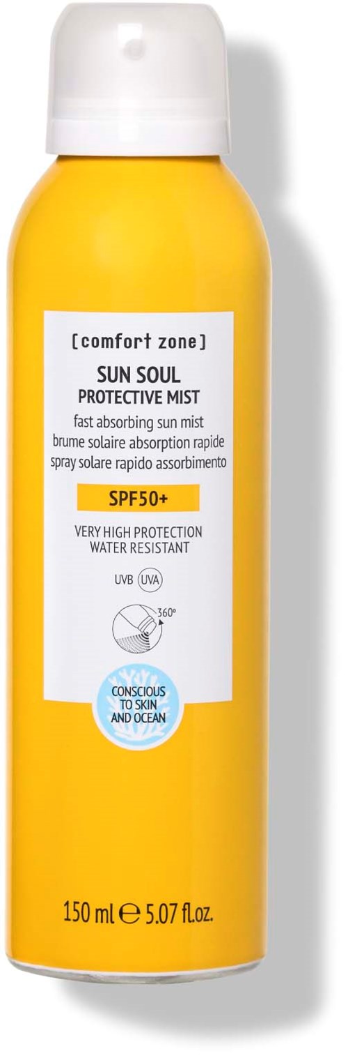 Keltainen suihkepullo nimeltä 'Sun Soul Protective Mist' ja SPF 50+ auringolta suojaamiseen ja vedenkestävyyteen.