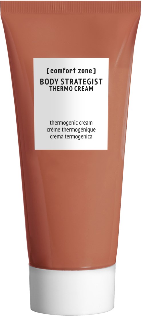 Ruskea putkilopussi, jossa lukee Comfort Zone Body Strategist Thermo Cream ja valkoinen kansi.