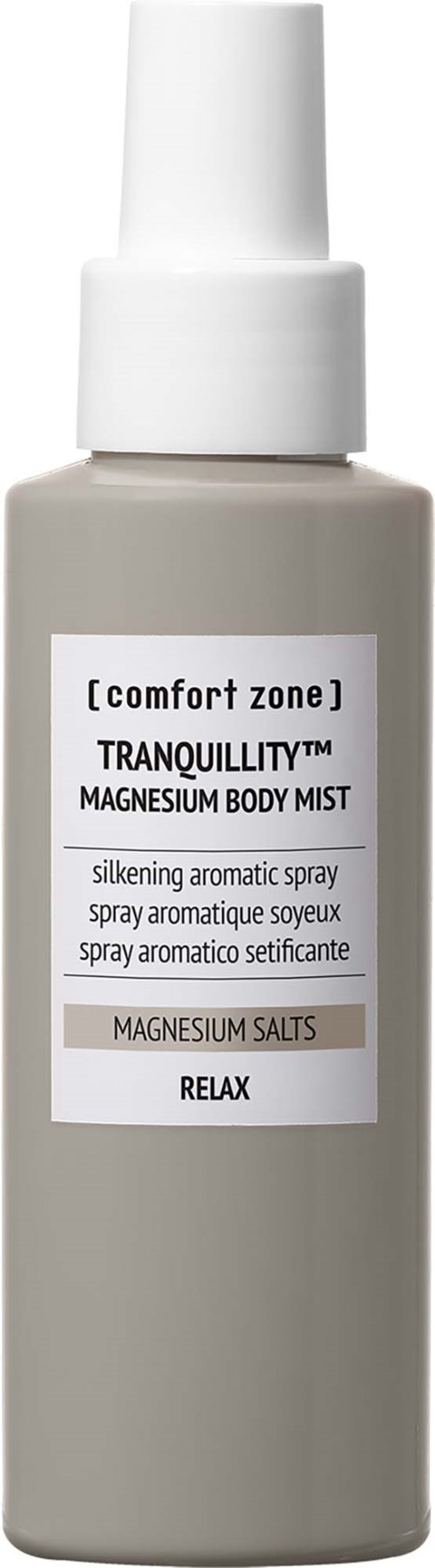 En vit sprayflaska märkt Comfort Zone Tranquillity Magnesium Body Mist för avkoppling och lugn.