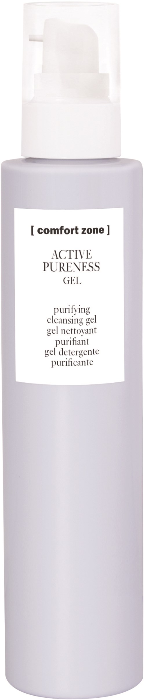 Valkoinen pumppupullo, jossa lukee 'Active Pureness Gel' Comfort Zone -merkiltä, käytetään ihon puhdistukseen.