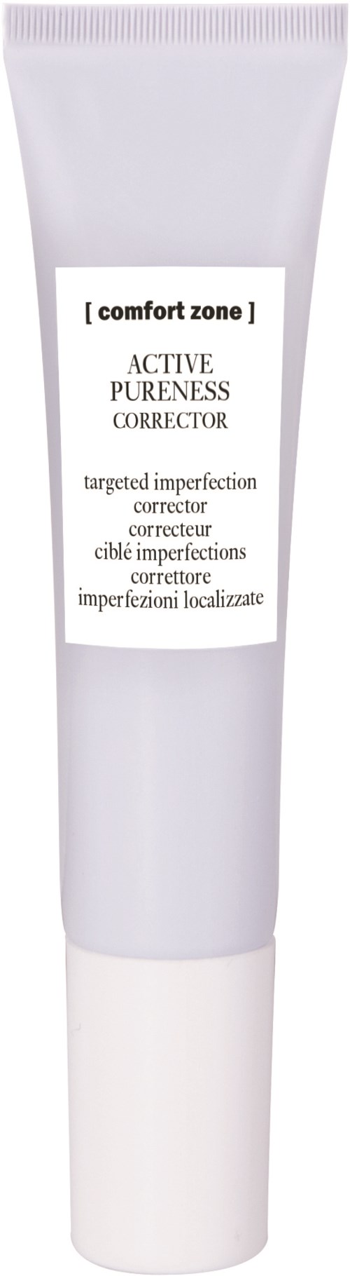 En vit tub för hudvårdsprodukt som heter 'Active Pureness Corrector' från Comfort Zone. Den riktar sig mot hudfel.