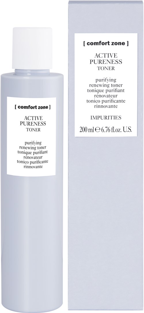 En vit flaska och förpackning av 'Comfort Zone' renande toner, 200 ml, för fräsch och förnyad hud.