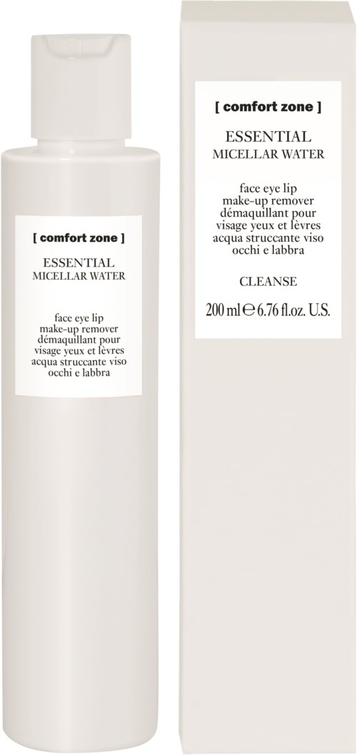  Valkoinen pullo ja laatikko Comfort Zone:sta, eli essential micellar water kasvoille, silmille ja huulille.