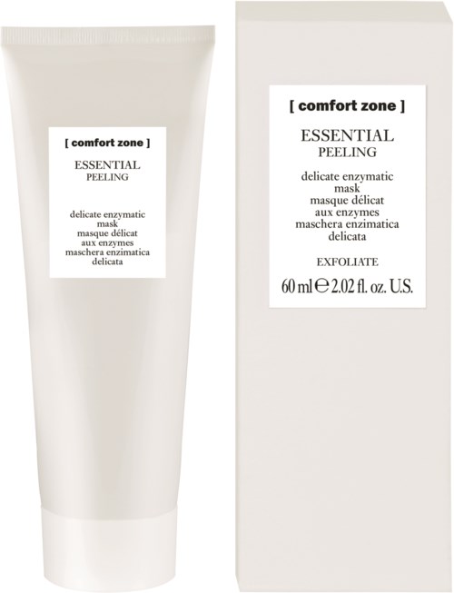 Valkoinen putki ja rasia kuorintatuotteelle, yksinkertainen etiketti ja musta teksti, nimeltä 'Essential Peeling'.