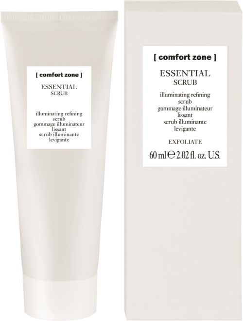 En vit tub och förpackning för hudvårdsprodukten Comfort Zone Essential Scrub, med enkel svart text på en neutral bakgrund.