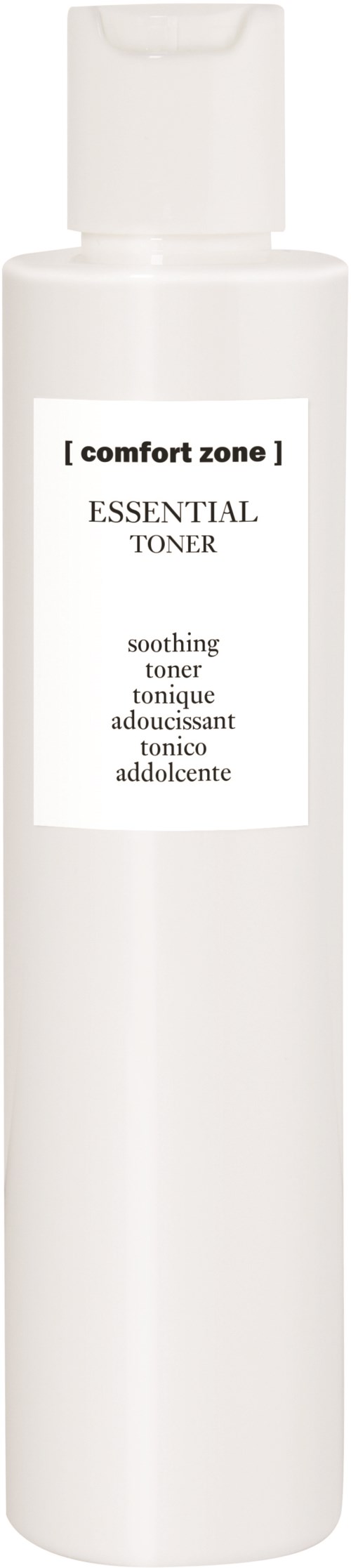 Valkoinen pullo, jossa kierrettävä kansi, etiketissä 'Comfort Zone Essential Toner, rauhoittaa ja kosteuttaa ihoa.'