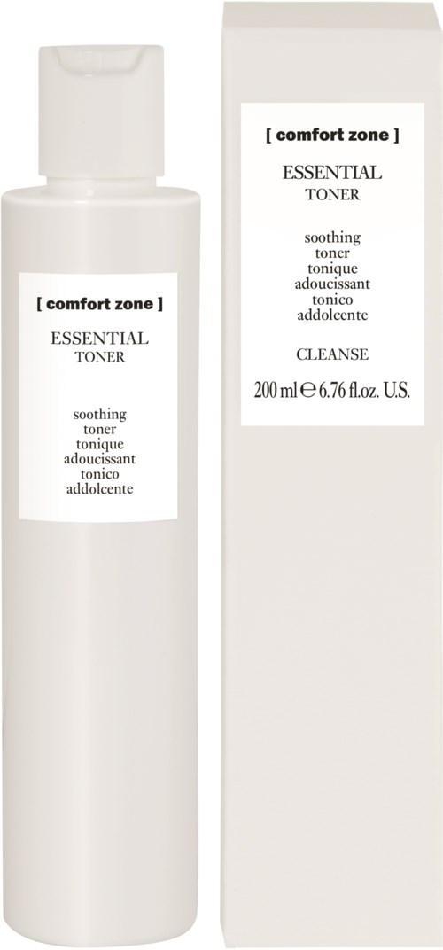 Valkoinen pullo Comfort Zone Essential Toner ja sen laatikko, etiketti kertoo rauhoittava, puhdistava, 200 ml.