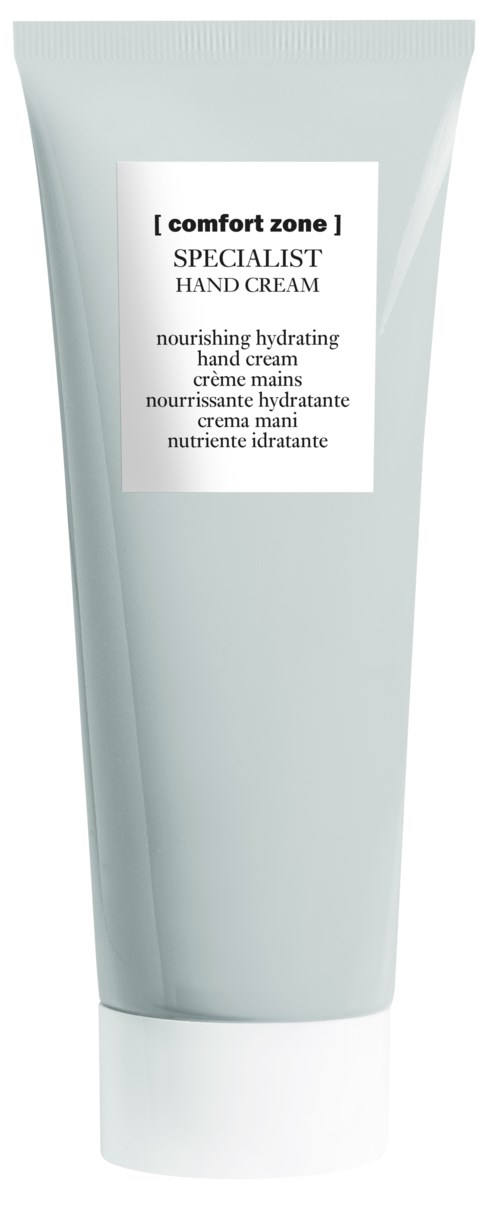 A light gray tube of hand cream labeled 'Comfort Zone' with details about hydration and nourishing properties.