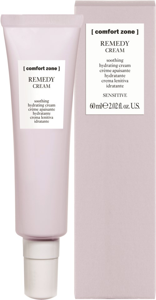Valkoinen alue ja rasia, joissa lukee 'Remedy Cream' rauhoittavasta, kosteuttavasta ihosta. Sopii herkälle iholle, 60 ml.