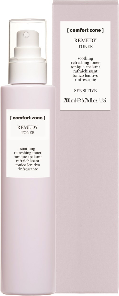 Vaaleanpunainen pullo sumutinpulolla, merkinnällä 'Comfort Zone Remedy Toner' herkkäihoisille, ja vastaava laatikko.