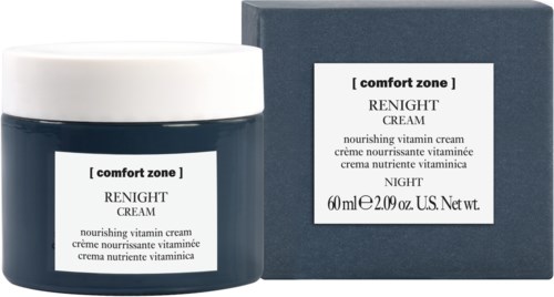 Yövoidepurkki ja sen rasia, molemmat merkattu 'Renight' Comfort Zone -merkillä, valkoinen kansi ja tumma säiliö.