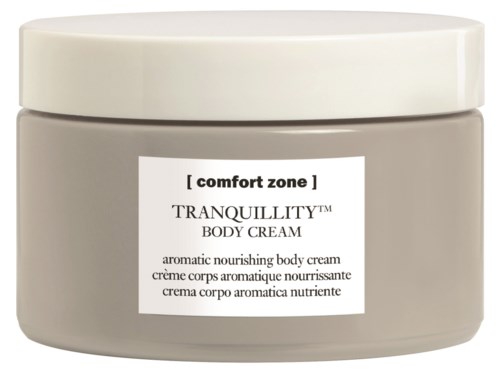 A beige jar of body cream with a white lid and simple white label, labeled 'comfort zone'.