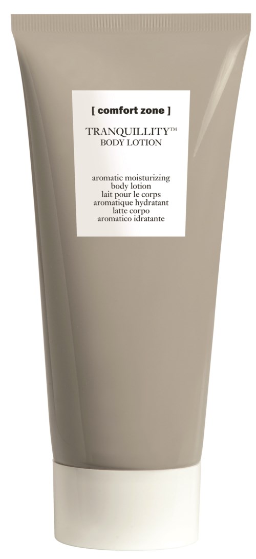A gray tube labeled 'comfort zone' with 'tranquillity body lotion' written on it.