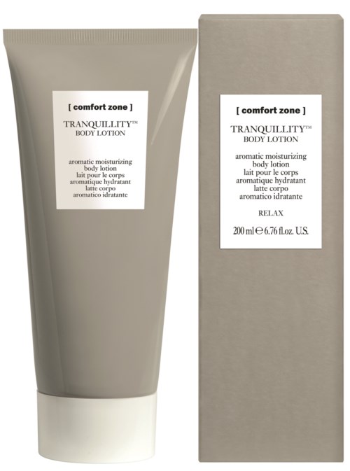 A tube and box of Comfort Zone Tranquillity body lotion, labeled as aromatic and moisturizing, 200 ml.