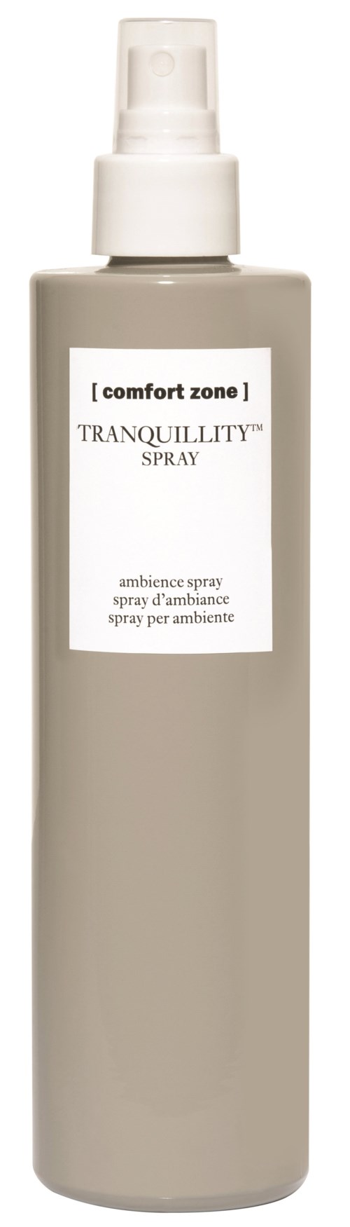En beige sprayflaska märkt 'Comfort Zone Tranquillity Spray' för lugnande atmosfär.