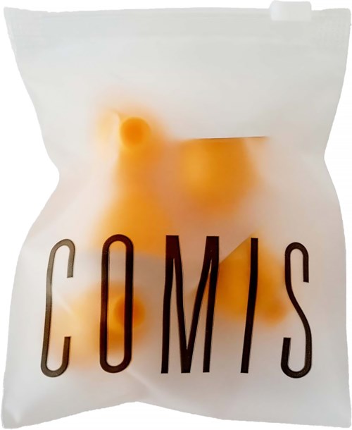 Een verpakking met 'COMIS' en een vage oranje figuur achter de tekst.