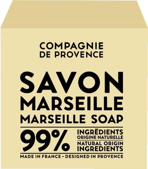 En beige såpedose merker at det er Marseille såpe, med 99% naturlige ingredienser fra Frankrike, designet i Provence.