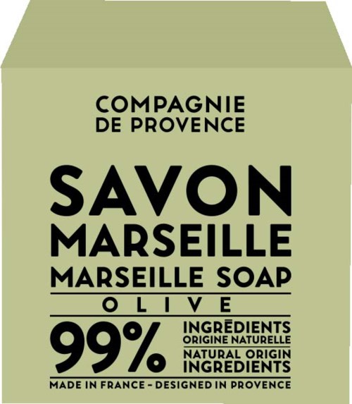A soap packaging with green color, black text, and mentions Marseille, olive, and natural ingredients.