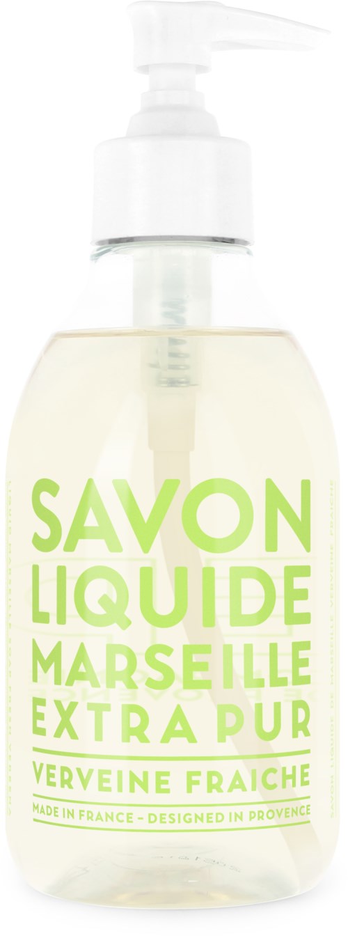 Liquid soap bottle labeled "Marseille Extra Pur" with a pump top and light-colored soap.