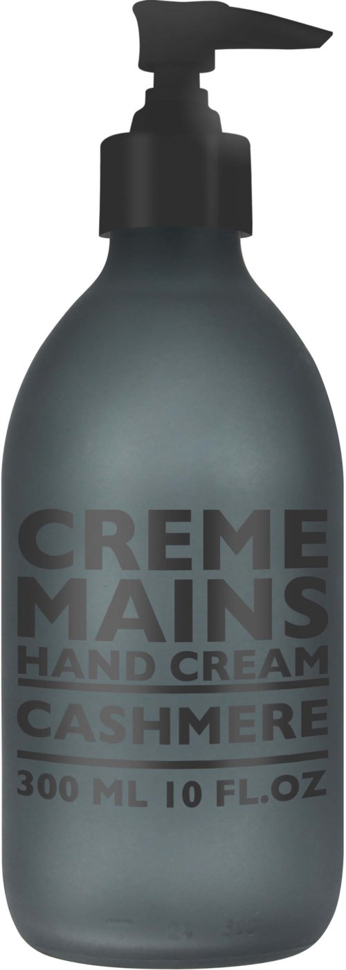 A gray hand cream bottle with a pump, labeled "Creme Mains Hand Cream Cashmere," 300ml. Black cap.