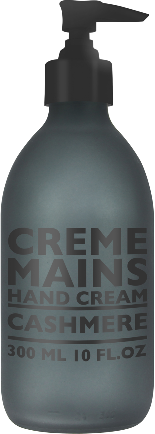 A gray hand cream bottle labeled 'Creme Mains' with a pump top and 'Cashmere' scent, containing 300 ml.