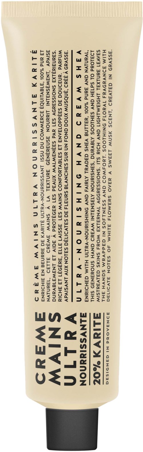A squeeze tube of hand cream with black cap, labeled "CRÈME MAINS ULTRA NOURRISSANTE" and detailed description.