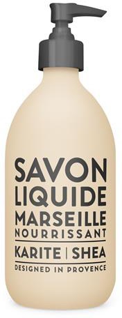 A liquid soap bottle labeled 'Savon Liquide Marseille Nourrissant' with black pump, beige background, and simple text.