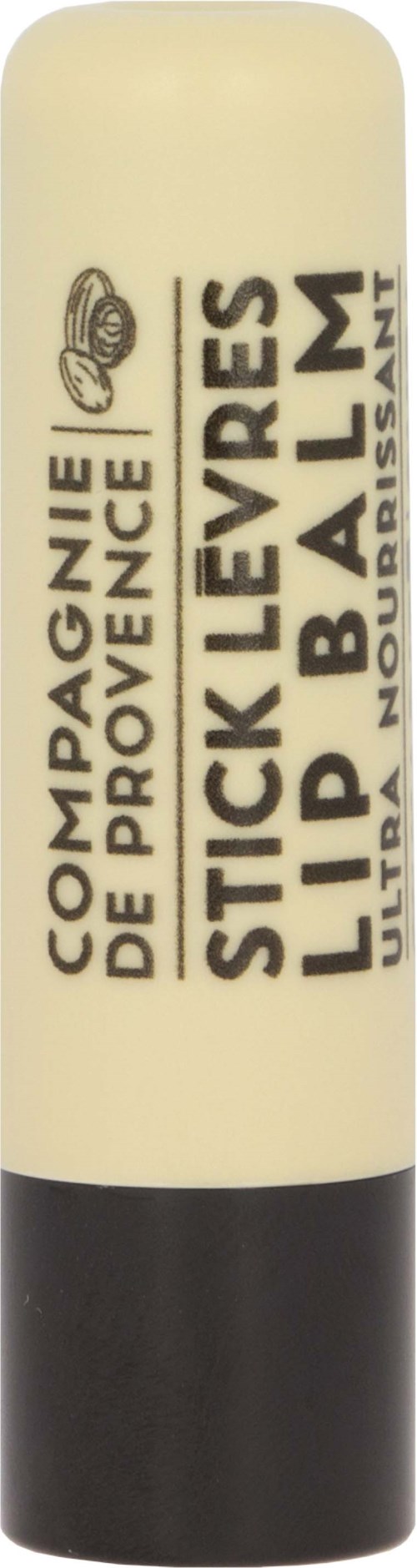 Stick lip balm in a light container with black bottom, includes the URL for Provence, France, and mentions ultra glossy.