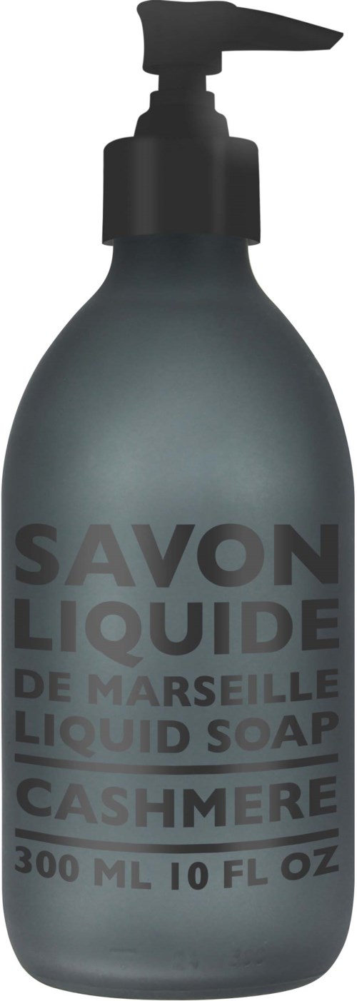A gray liquid soap bottle with black pump, labeled 'Savon Liquide de Marseille Cashmere, 300 ml' and text in multiple languages.