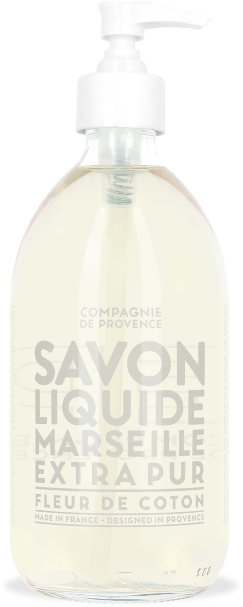 A clear liquid soap bottle with a white pump, labeled with French words, including 'savon liquide' and 'fleur de coton.'