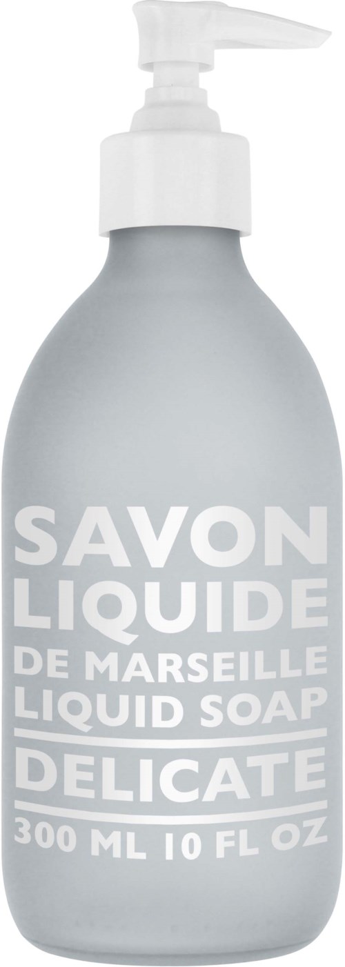 A grey bottle with a white pump, labeled as Marseille liquid soap, delicate, 300 ml.