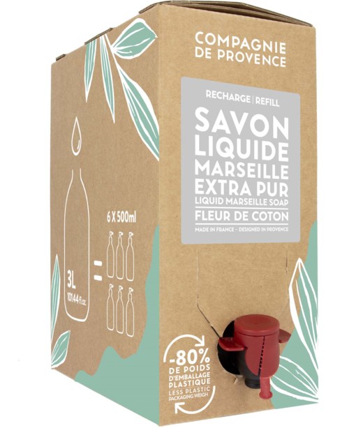 A cardboard box with a soap refill label, featuring leaves, measurements, and recycling symbols.