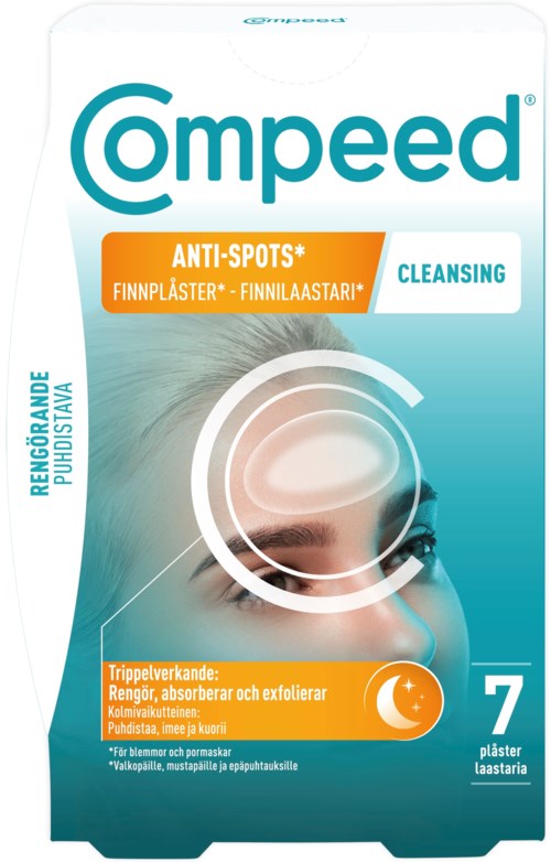 Eine Packung Compeed-Pflaster gegen Hautunreinheiten mit einem Teil eines Gesichts auf der Vorderseite.