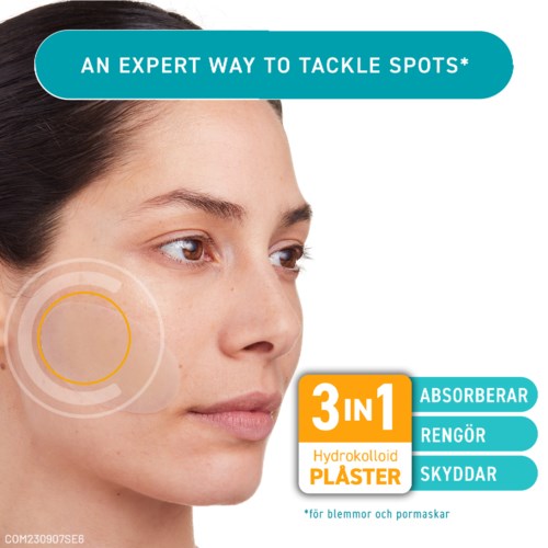 Das Bild bewirbt ein 3-in-1 Hydrocolloid-Pflaster, das Pickel aufnimmt, reinigt und schützt.