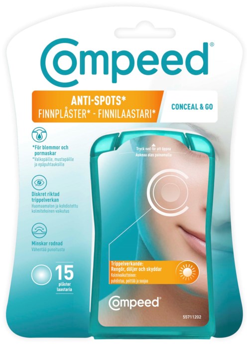 Die Verpackung zeigt Compeed-Pflaster gegen Pickel, mit einem Gesicht und Sonnenschutzetikett.