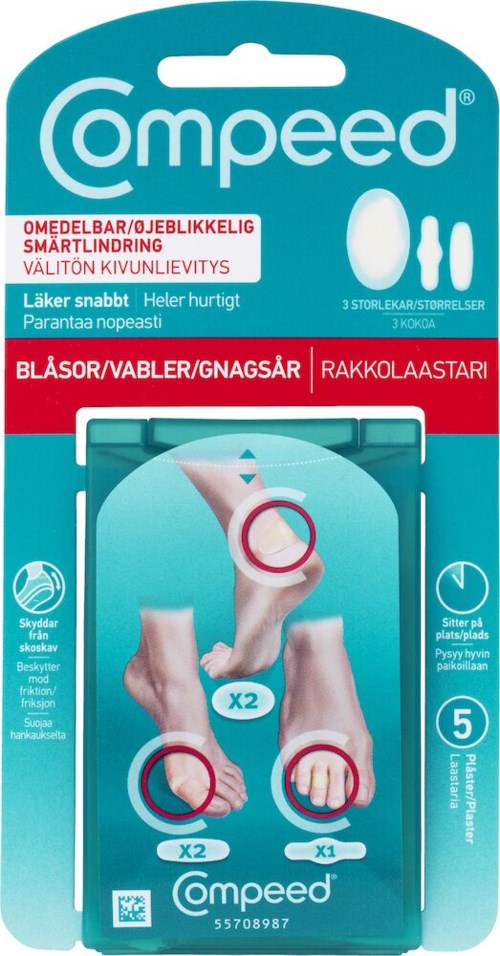 Pakning for Compeed blemmeplaster, viser tre plaster og fremhever deres raske heling og beskyttelsesfunksjoner.