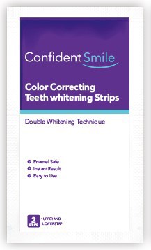 A box for Confident Smile teeth whitening strips, mentions safety, instant results, and ease of use, with a double whitening technique.