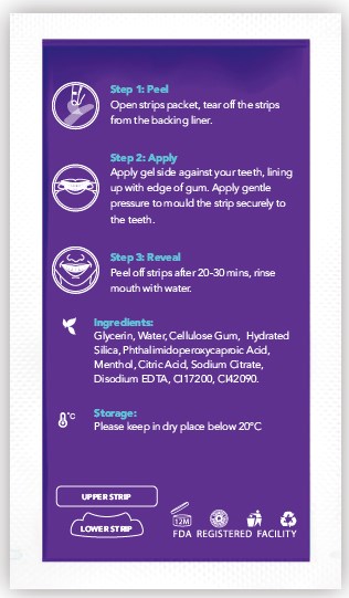 Instructions for using teeth whitening strips, including peeling, applying gel, and rinsing, with list of ingredients and storage tips.