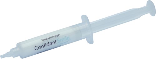 Eine Spritze mit den Worten 'Confident Smile' und Text in einer anderen Sprache, wahrscheinlich für zahnmedizinischen oder kosmetischen Einsatz.