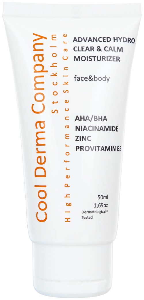 A white tube of skincare cream labeled Cool Derma Company, high performance, advanced hydro, clear & calm moisturizer, for face and body.