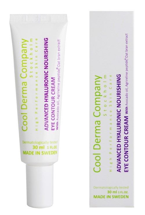 A white tube and box of eye cream labeled 'Cool Derma Company' with green and purple text, 30 ml size.