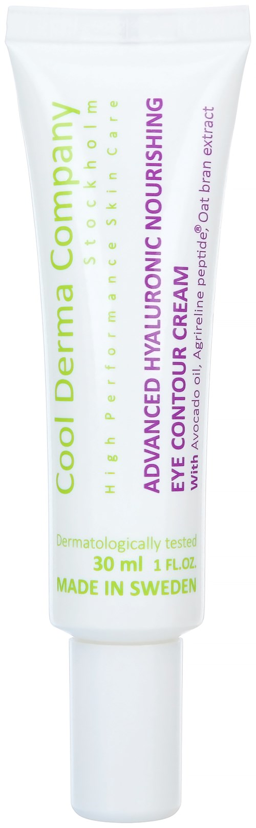 A white tube of eye cream with green and purple text, made in Sweden, for nourishing and controlling eye area.
