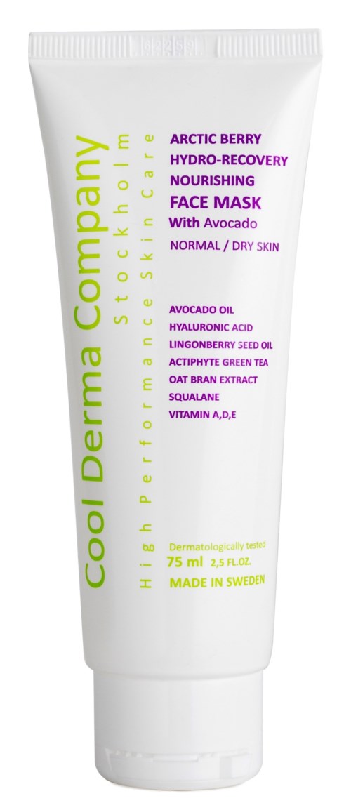 A white tube of face mask with green and purple text, mentioning ingredients like avocado oil and green tea. Made in Sweden.