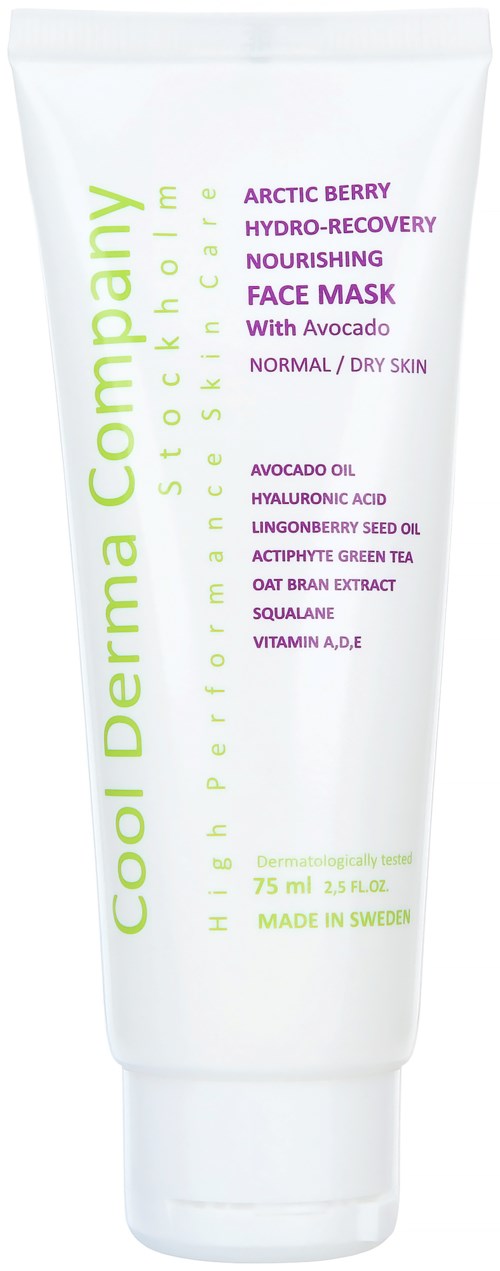 A white tube of face mask labeled with ingredients and benefits for dry skin, including arctic berry, avocado, and vitamins.